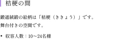 桔梗の間 鍛通絨緞の絵柄は「桔梗（ききょう）」です。舞台付きの空間です。